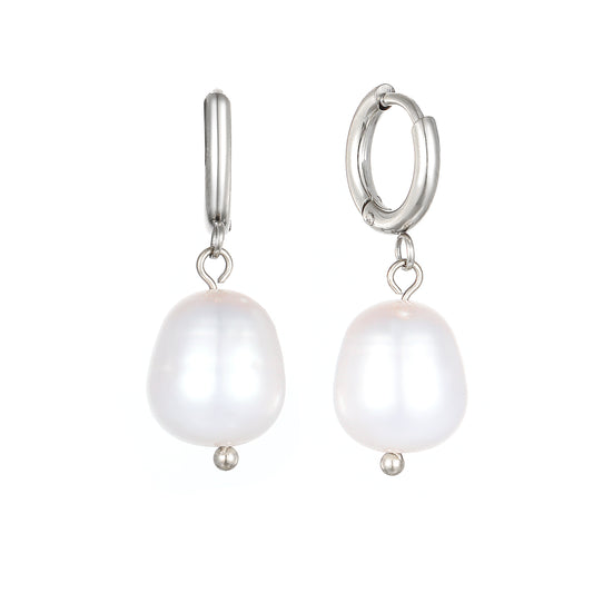 Ocean Silver Fresh Water Pearl Huggie Earrings