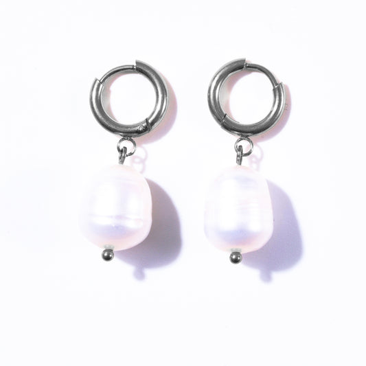 Ocean Silver Fresh Water Pearl Huggie Earrings