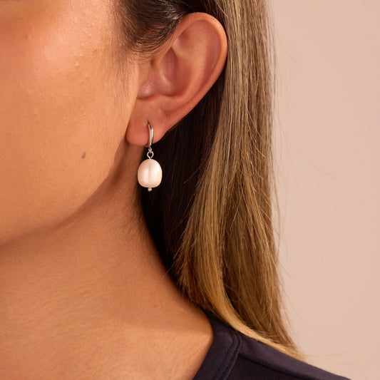 Ocean Silver Fresh Water Pearl Huggie Earrings